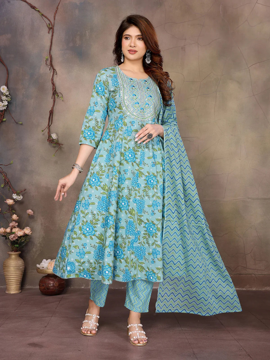 Buy Cotton Embroidered Anarkali Calf Length Kurta with Pant and Dupatta-Blue