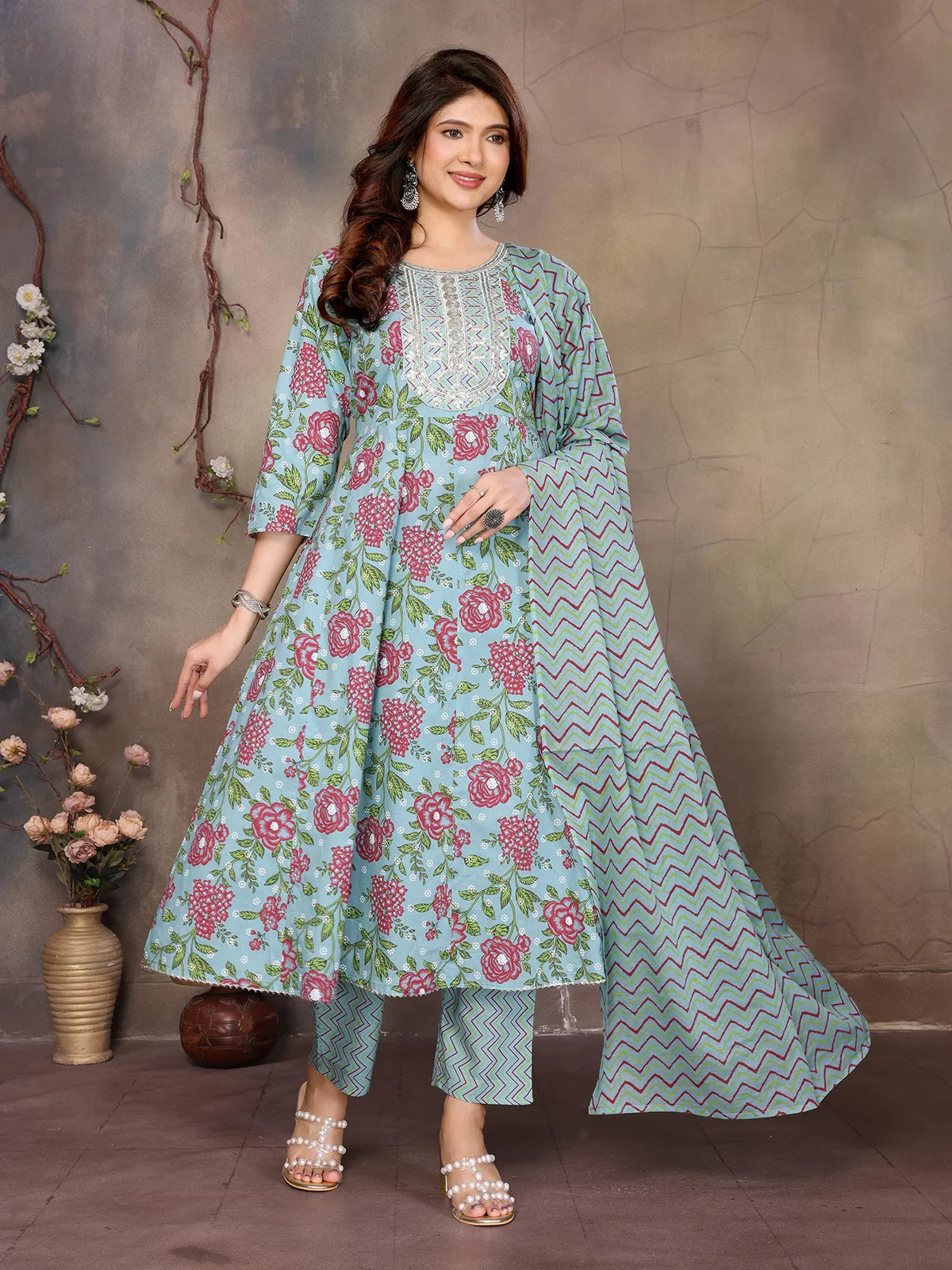 Buy Cotton Embroidered Anarkali Calf Length Kurta with Pant and Dupatta-Blue