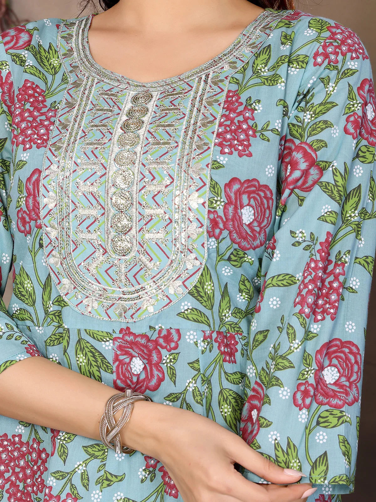 Buy Cotton Embroidered Anarkali Calf Length Kurta with Pant and Dupatta-Blue