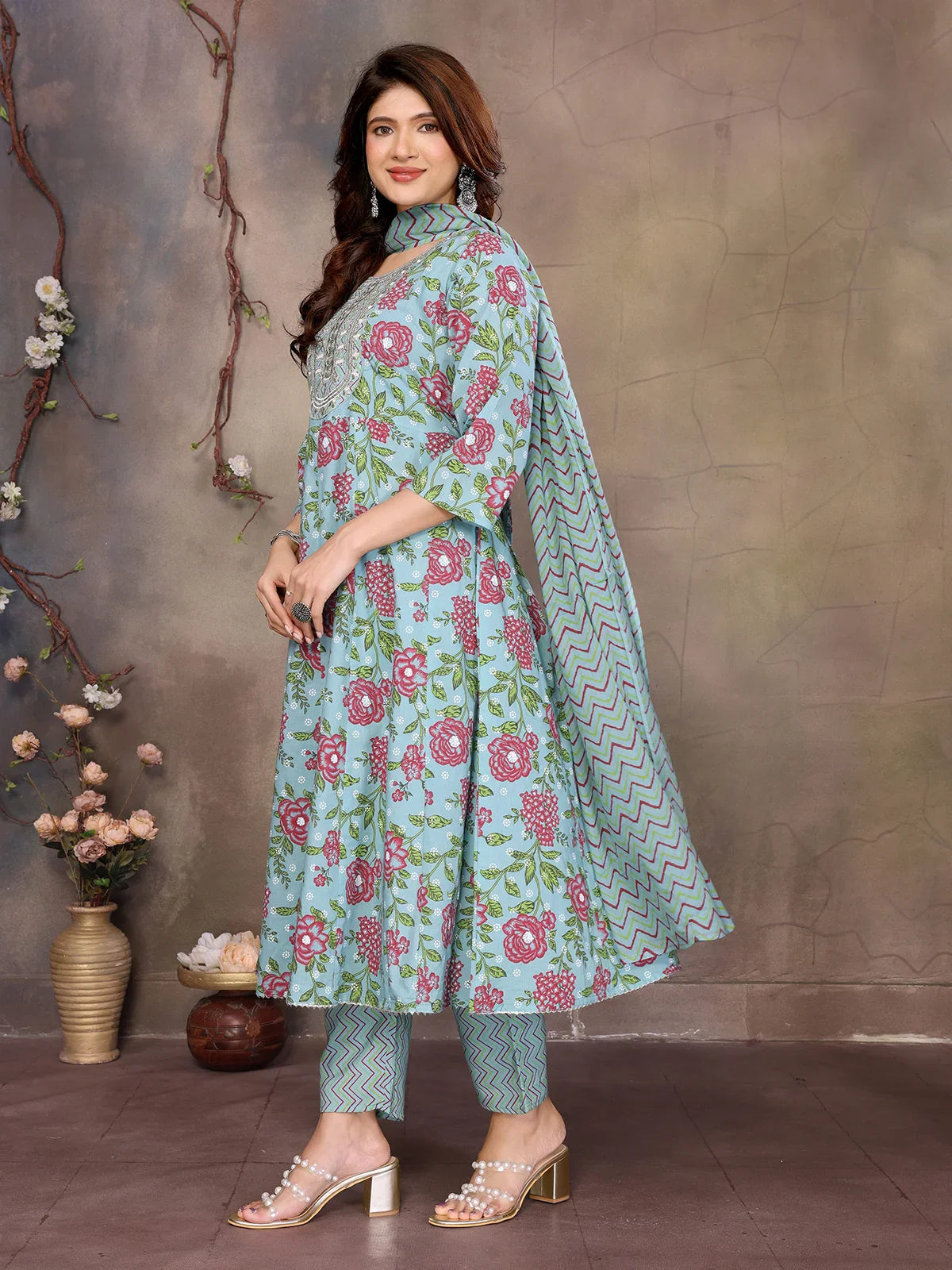 Buy Cotton Embroidered Anarkali Calf Length Kurta with Pant and Dupatta-Blue