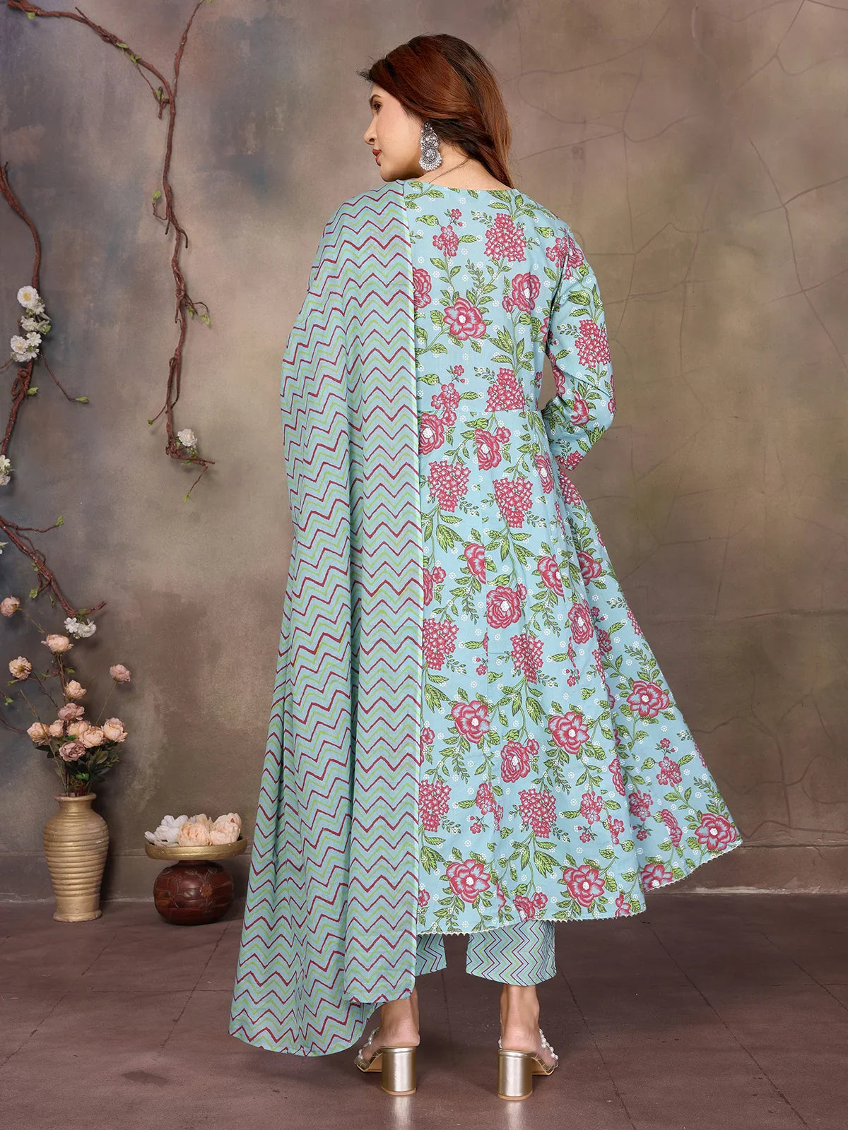 Buy Cotton Embroidered Anarkali Calf Length Kurta with Pant and Dupatta-Blue