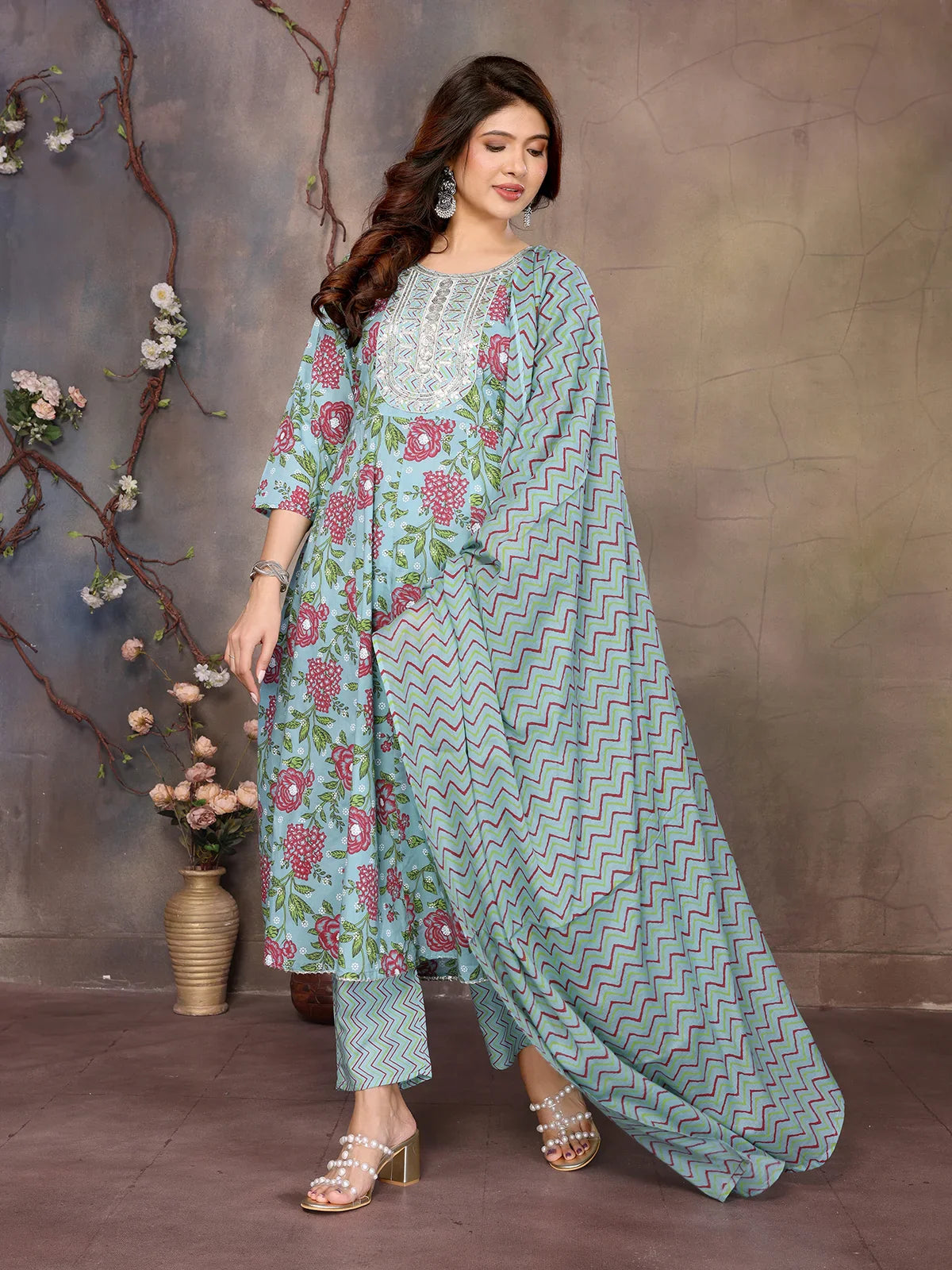 Buy Cotton Embroidered Anarkali Calf Length Kurta with Pant and Dupatta-Blue