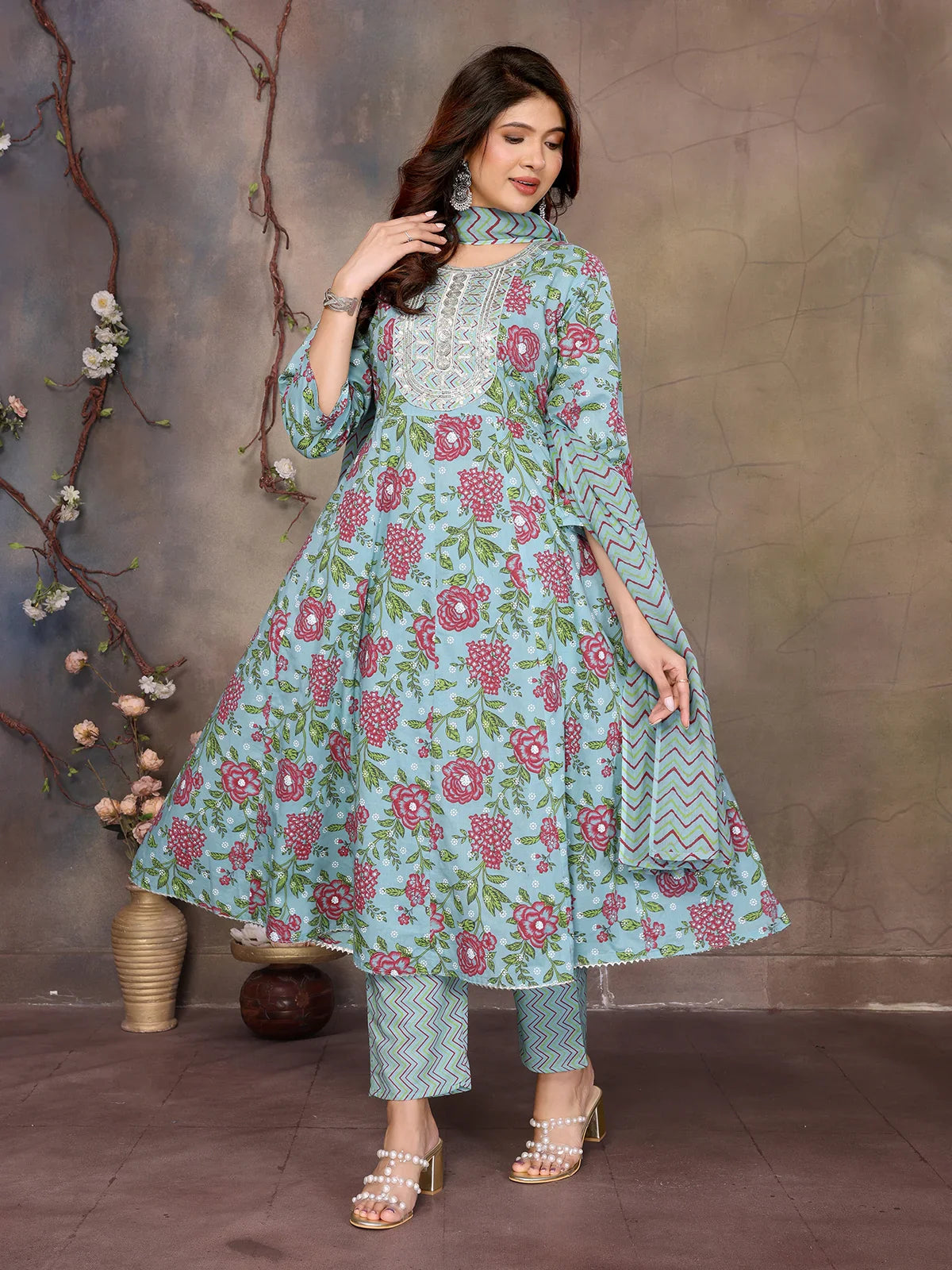 Buy Cotton Embroidered Anarkali Calf Length Kurta with Pant and Dupatta-Blue