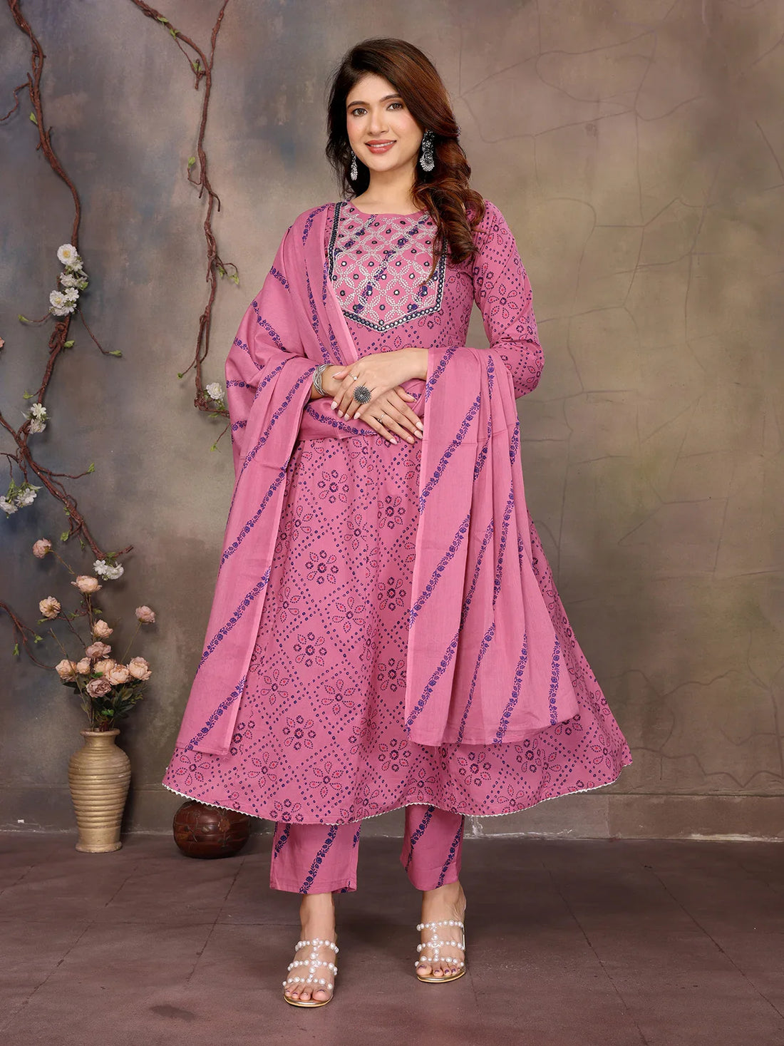 Buy Cotton Embroidered Anarkali Calf Length Kurta with Pant and Dupatta-Pink