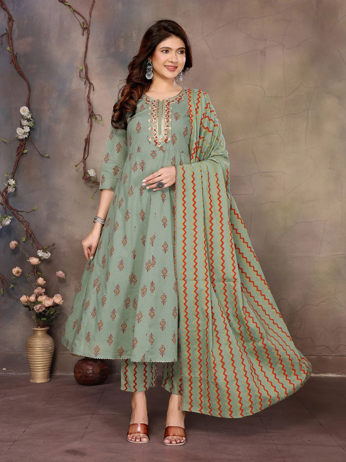 Buy Cotton Embroidered Anarkali Calf Length Kurta with Pant and Dupatta-Green