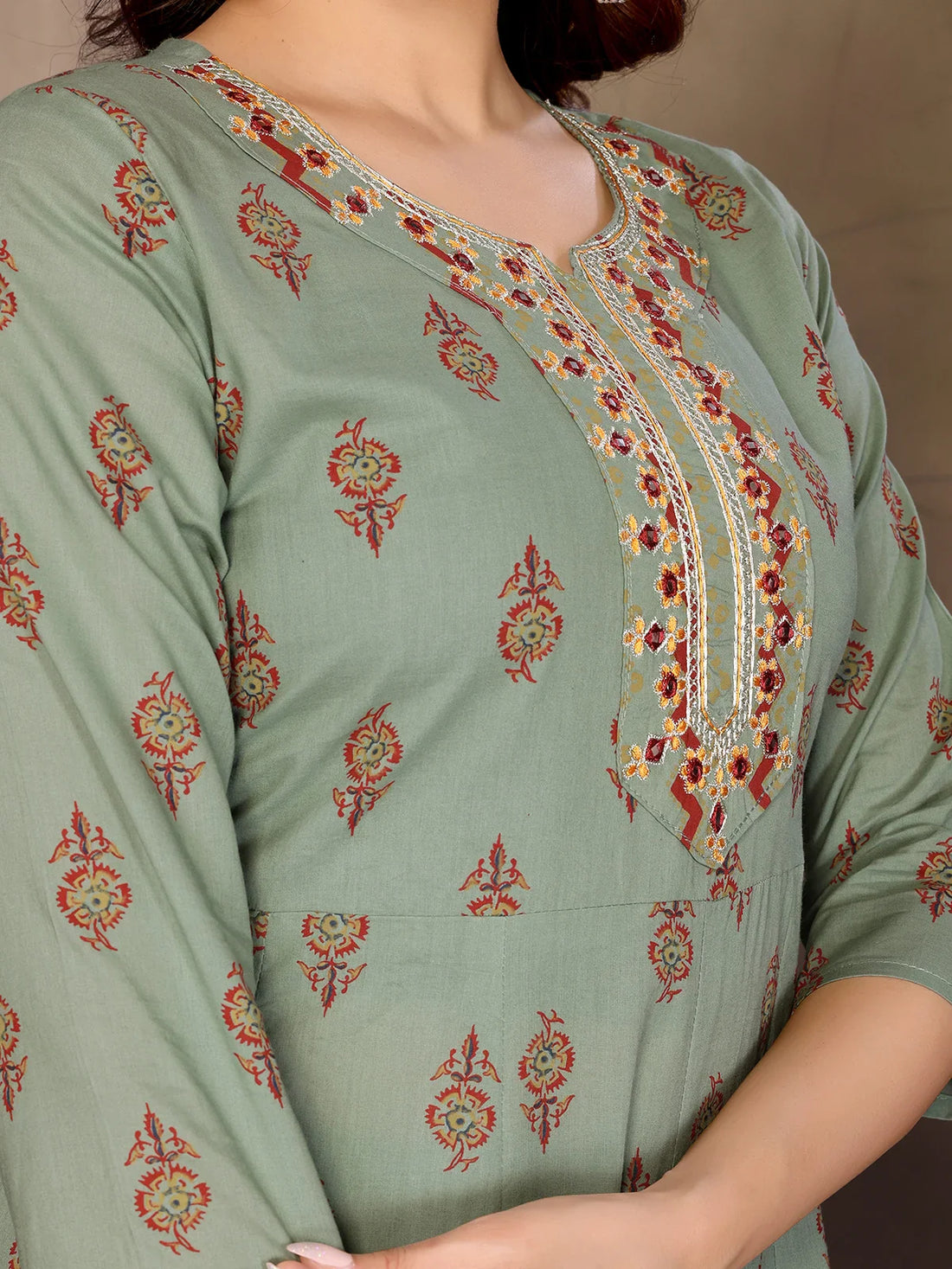 Buy Cotton Embroidered Anarkali Calf Length Kurta with Pant and Dupatta-Green