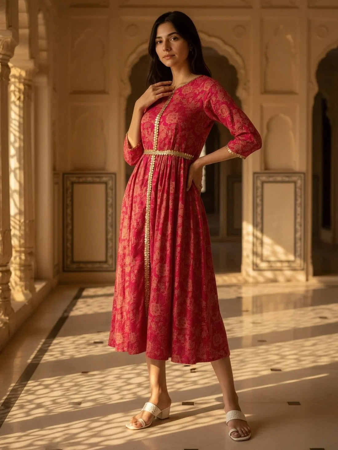 Buy Rayon Printed Flared Calf Length Dress-Pink