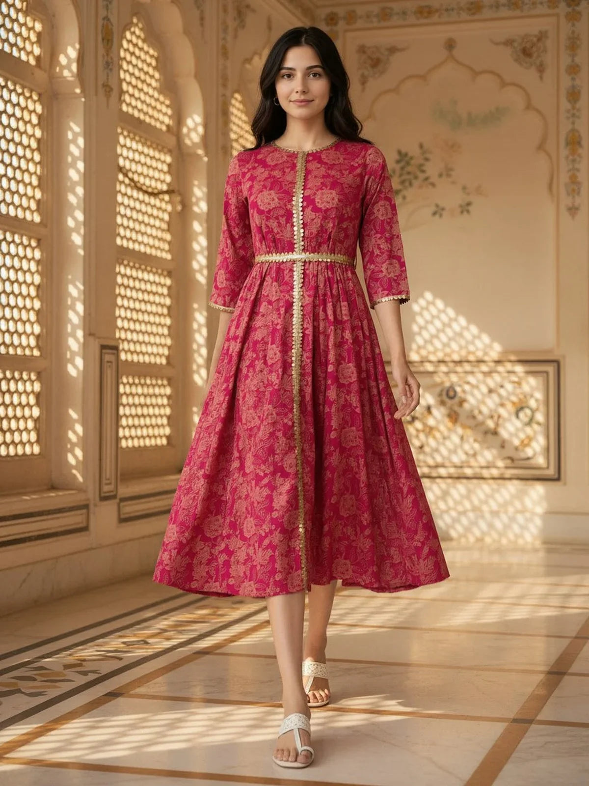 Buy Rayon Printed Flared Calf Length Dress-Pink