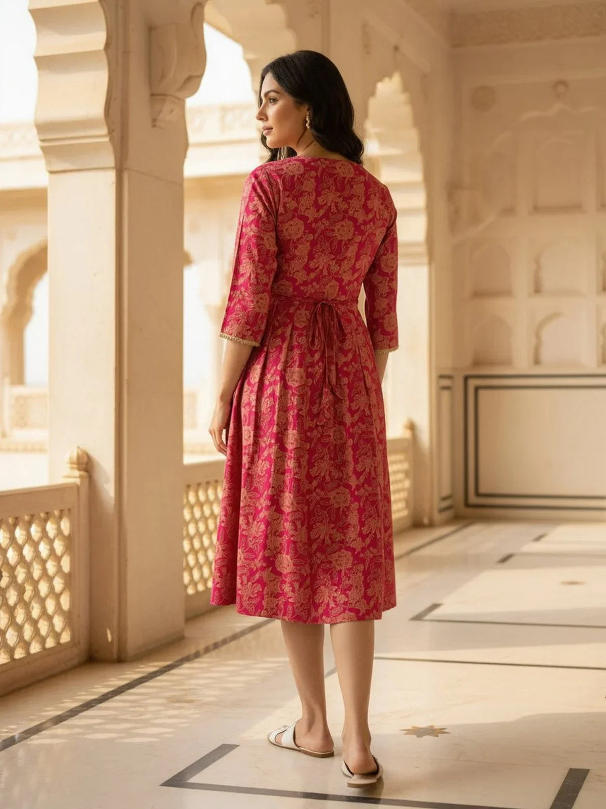 Buy Rayon Printed Flared Calf Length Dress-Pink