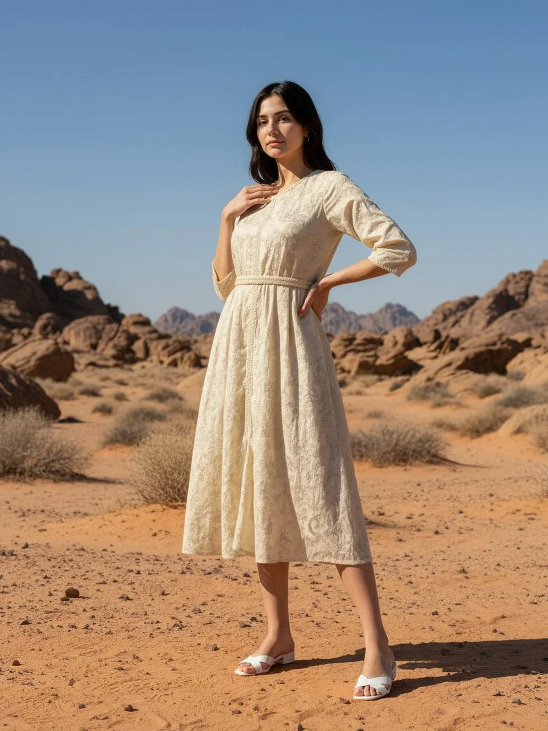 Buy Rayon Printed Flared Calf Length Dress-Off White