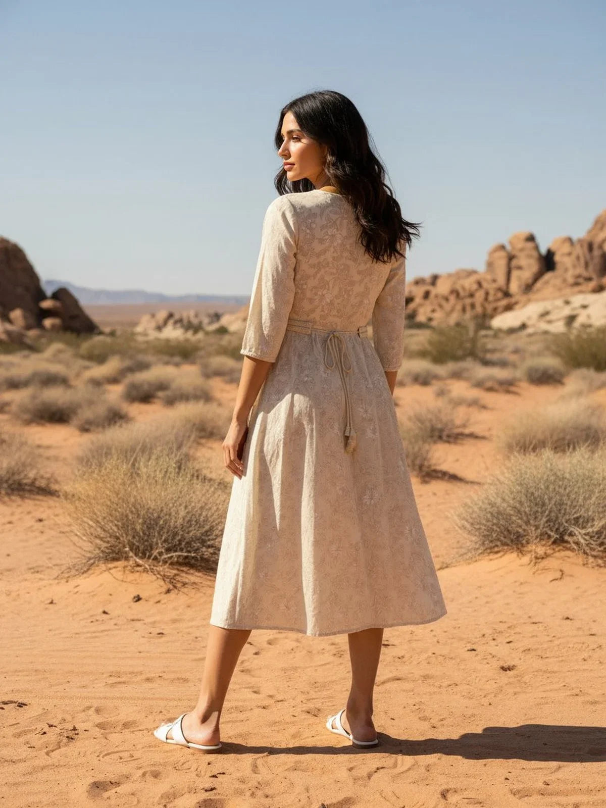Buy Rayon Printed Flared Calf Length Dress-Off White