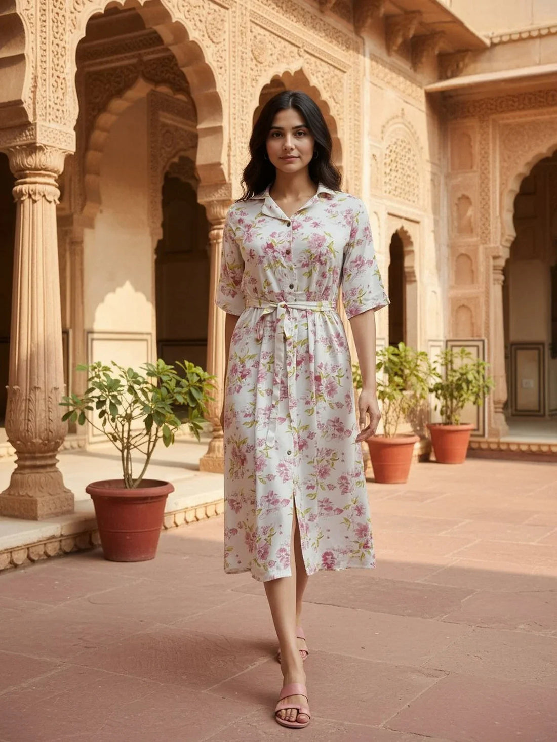 Buy Rayon Printed Flared Calf Length Dress-Off White