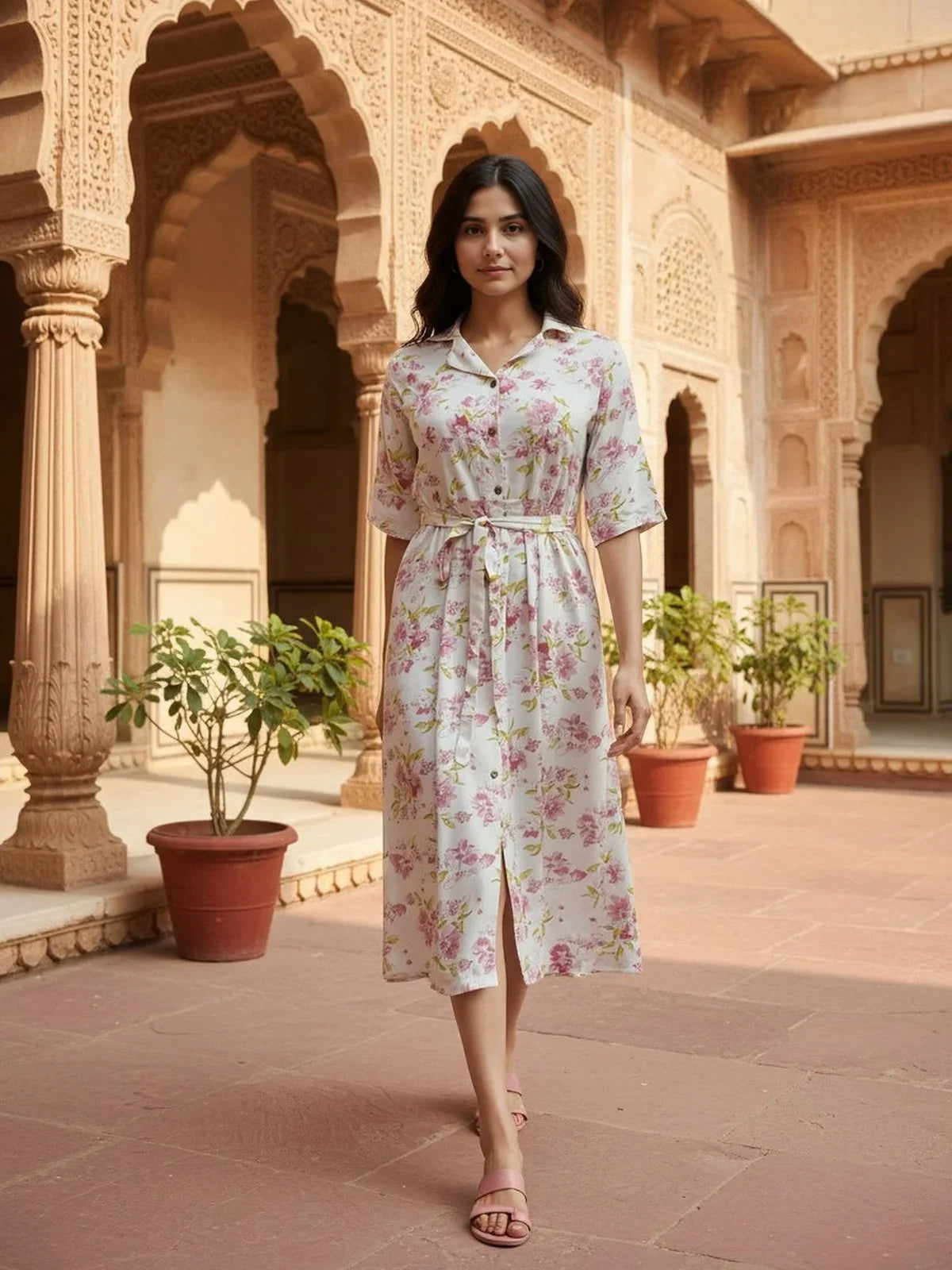 Buy Rayon Printed Flared Calf Length Dress-Off White