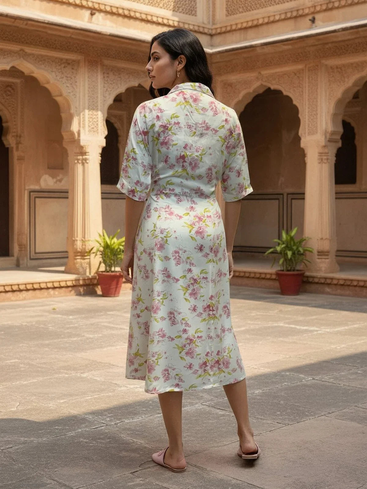 Buy Rayon Printed Flared Calf Length Dress-Off White