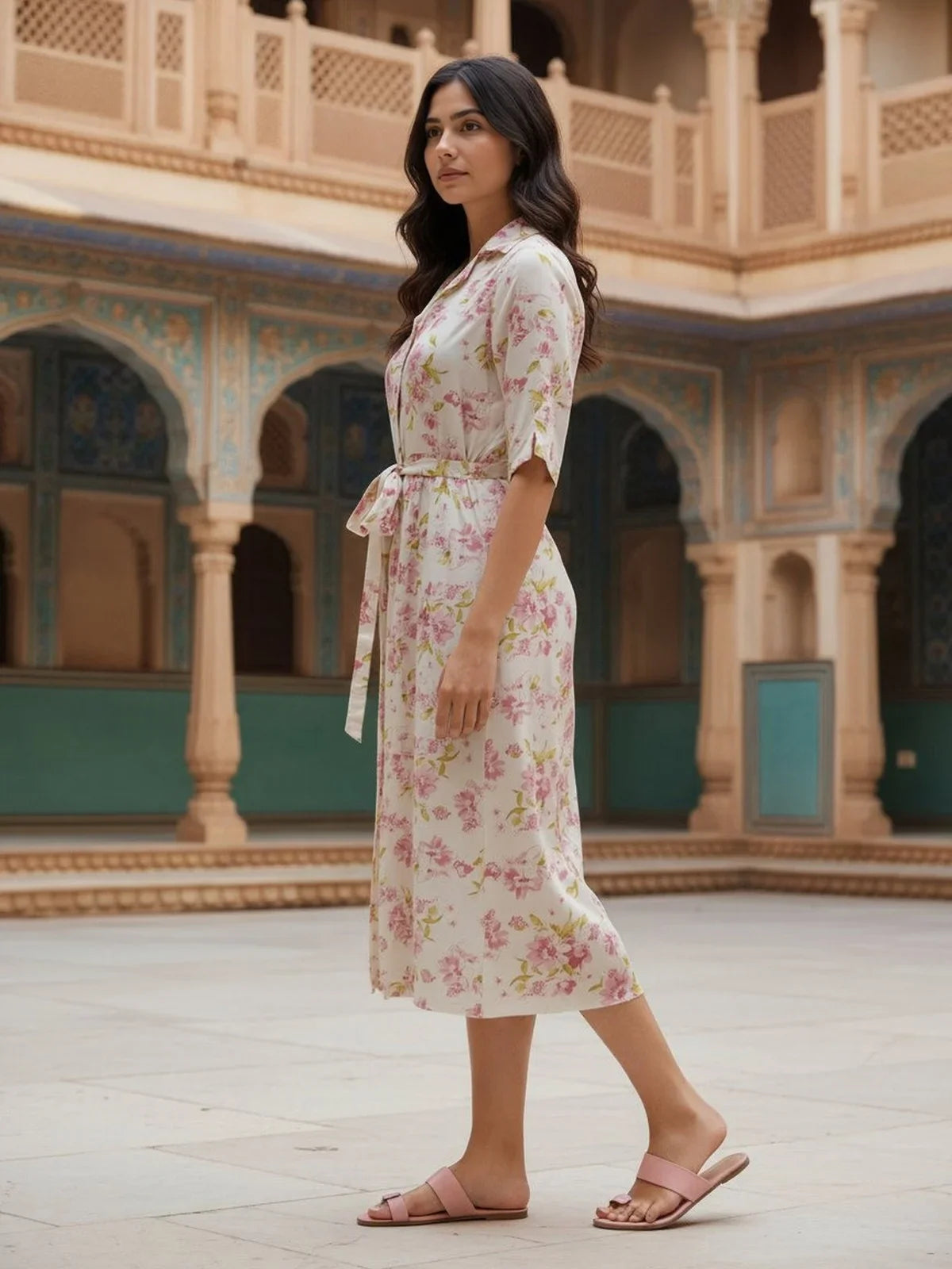 Buy Rayon Printed Flared Calf Length Dress-Off White