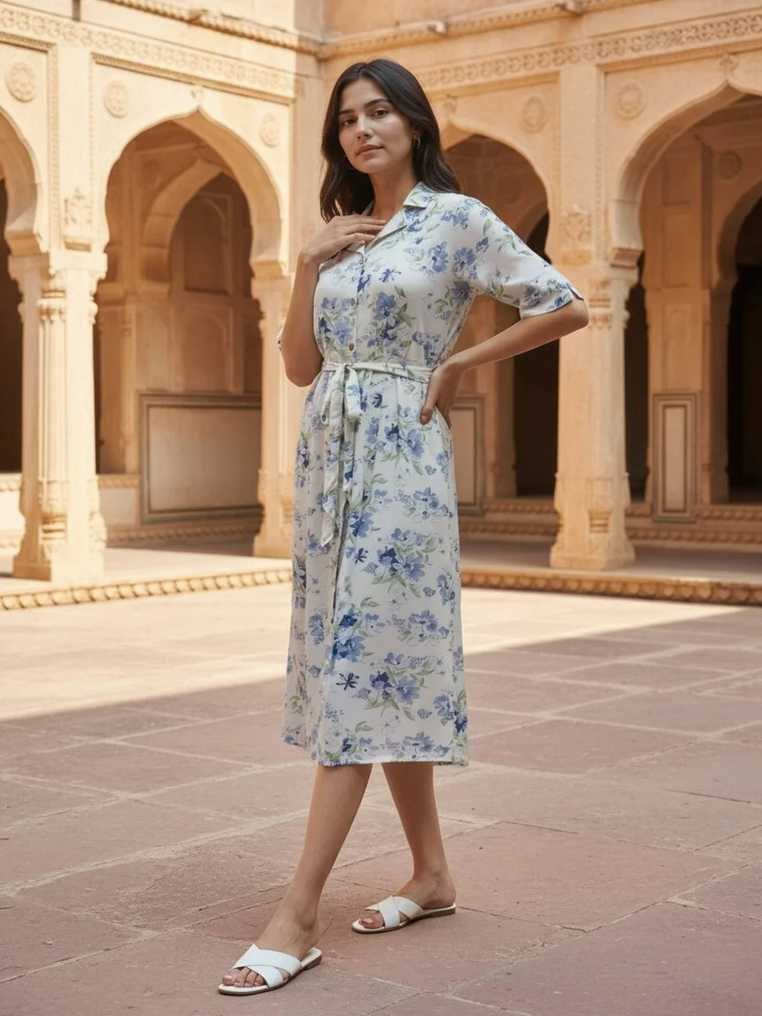 Buy Rayon Printed Flared Calf Length Dress-Off White
