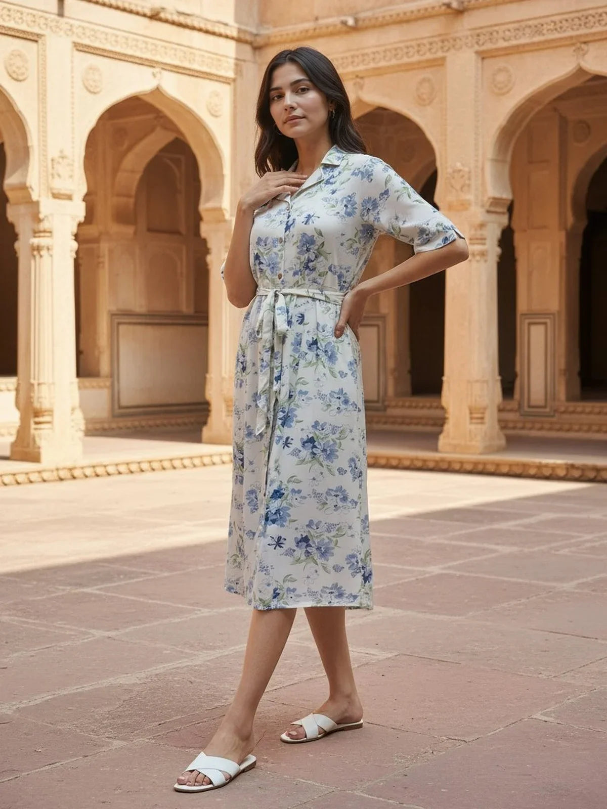 Buy Rayon Printed Flared Calf Length Dress-Off White