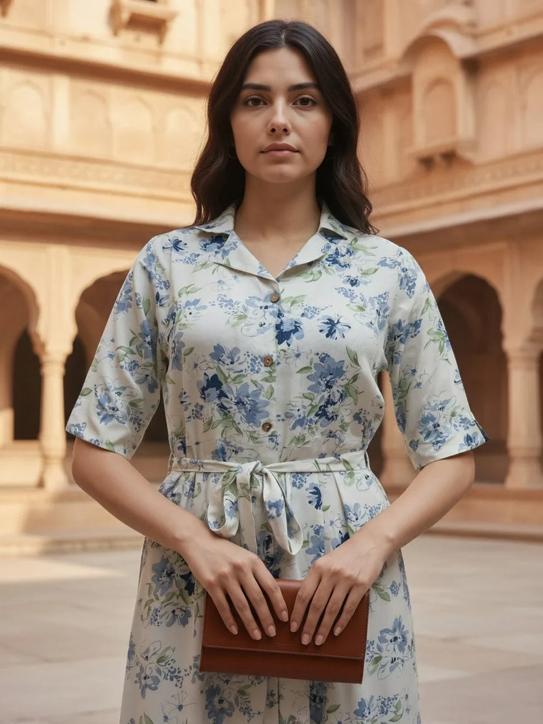 Buy Rayon Printed Flared Calf Length Dress-Off White