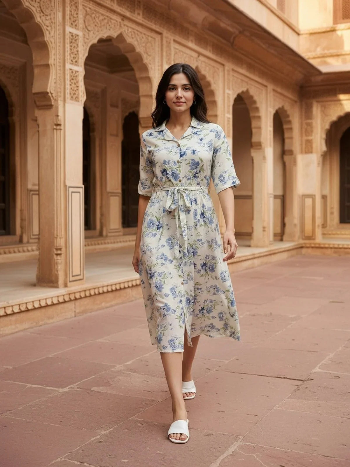 Buy Rayon Printed Flared Calf Length Dress-Off White