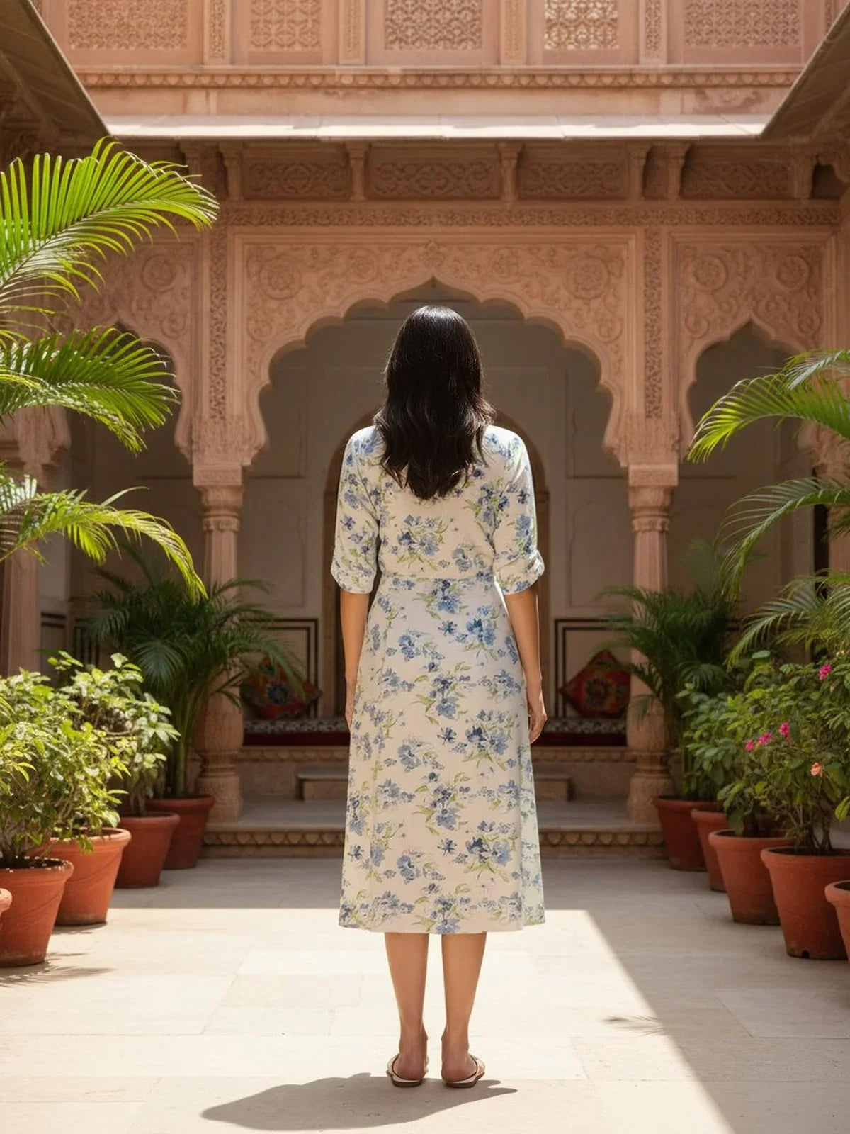 Buy Rayon Printed Flared Calf Length Dress-Off White