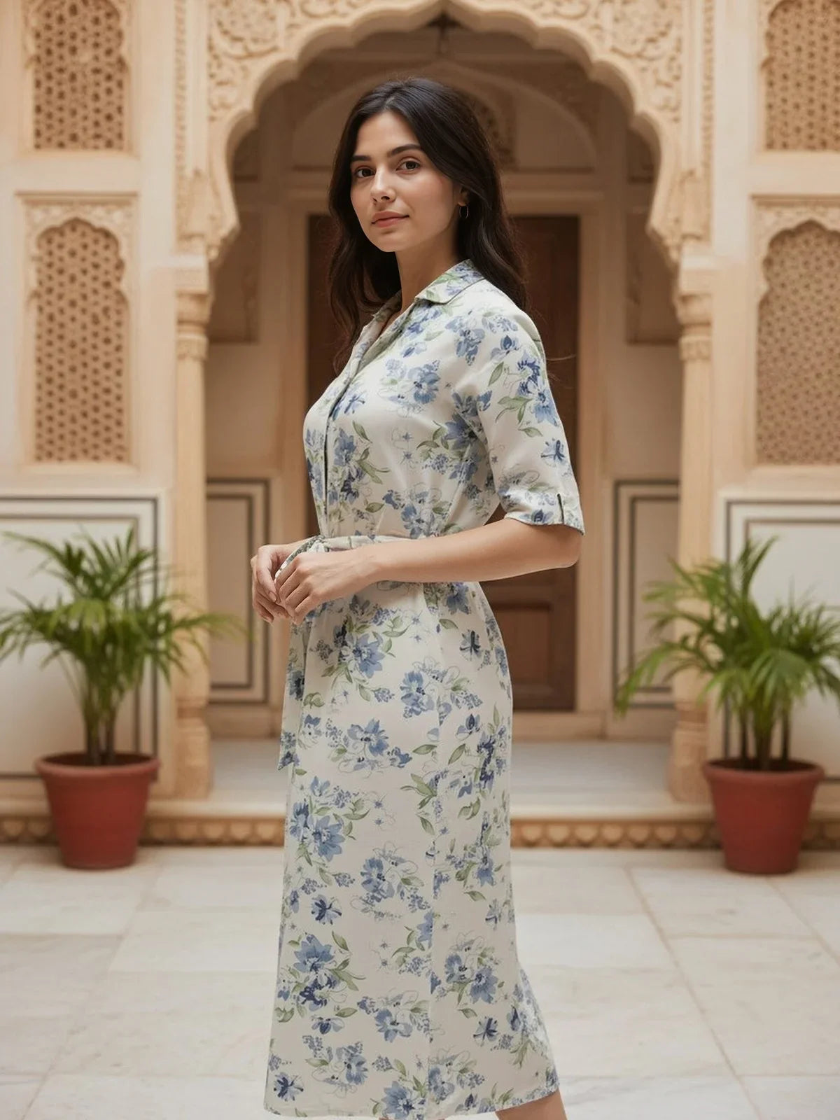 Buy Rayon Printed Flared Calf Length Dress-Off White