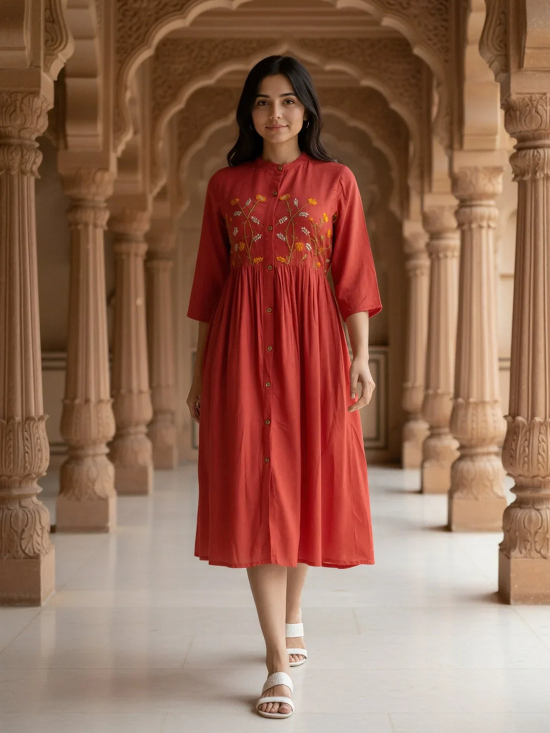 Buy Rayon Embroidered Flared Calf Length Dress-Coral