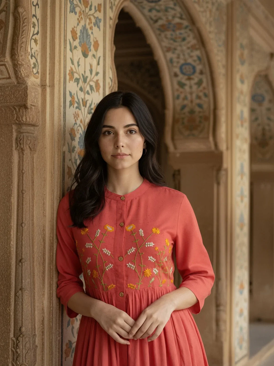 Buy Rayon Embroidered Flared Calf Length Dress-Coral