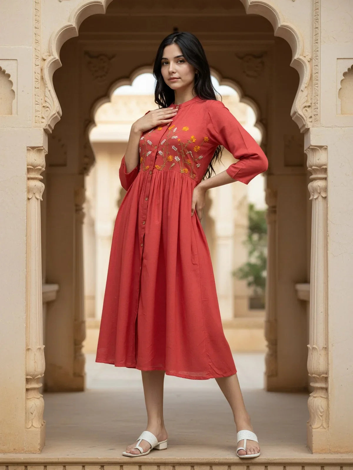 Buy Rayon Embroidered Flared Calf Length Dress-Coral