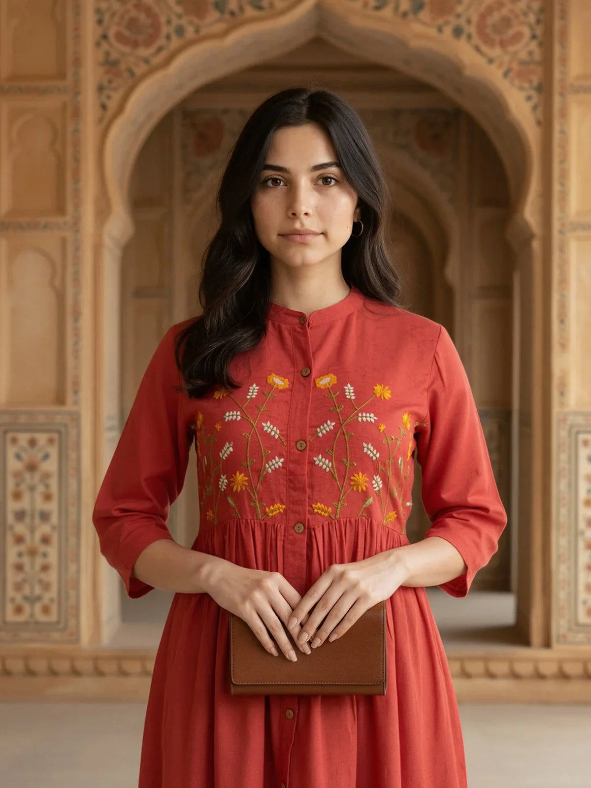Buy Rayon Embroidered Flared Calf Length Dress-Coral