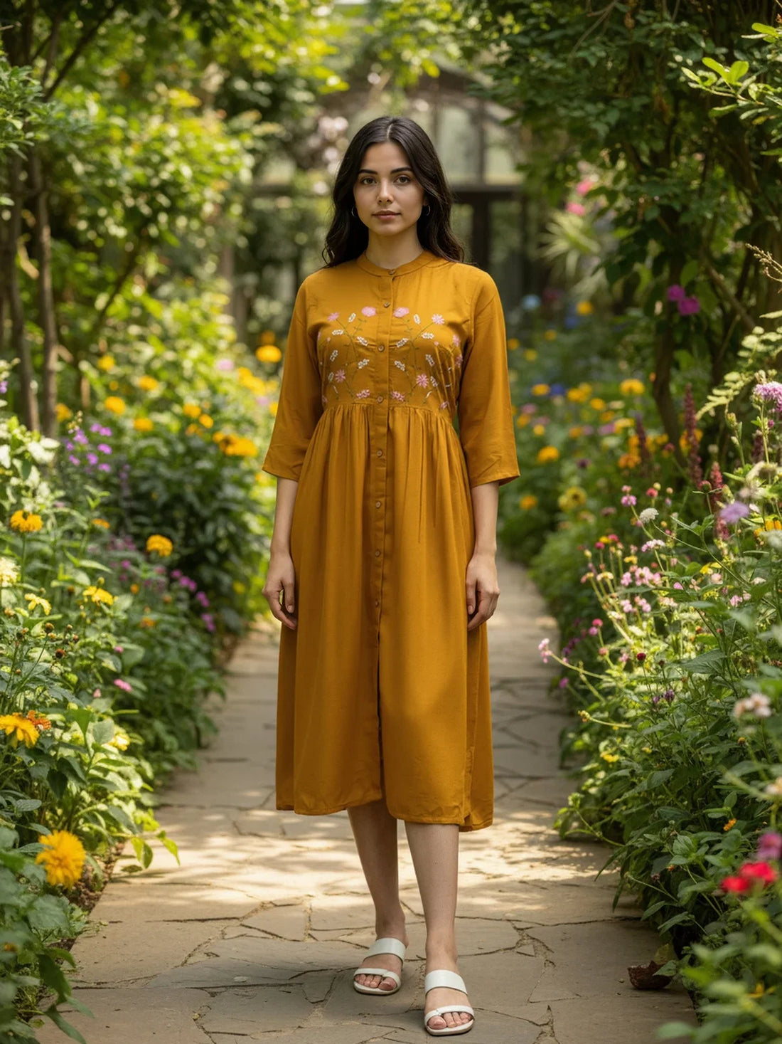 Buy Rayon Embroidered Flared Calf Length Dress-Mustard