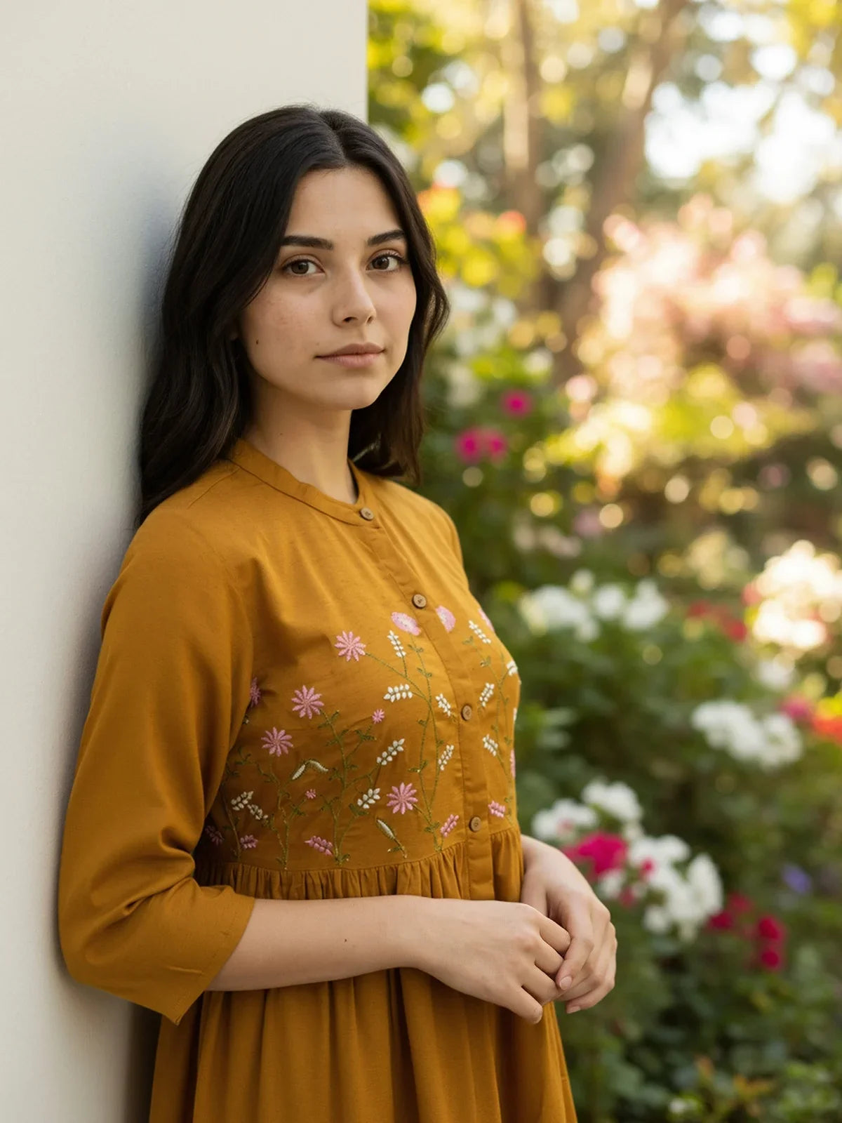 Buy Rayon Embroidered Flared Calf Length Dress-Mustard