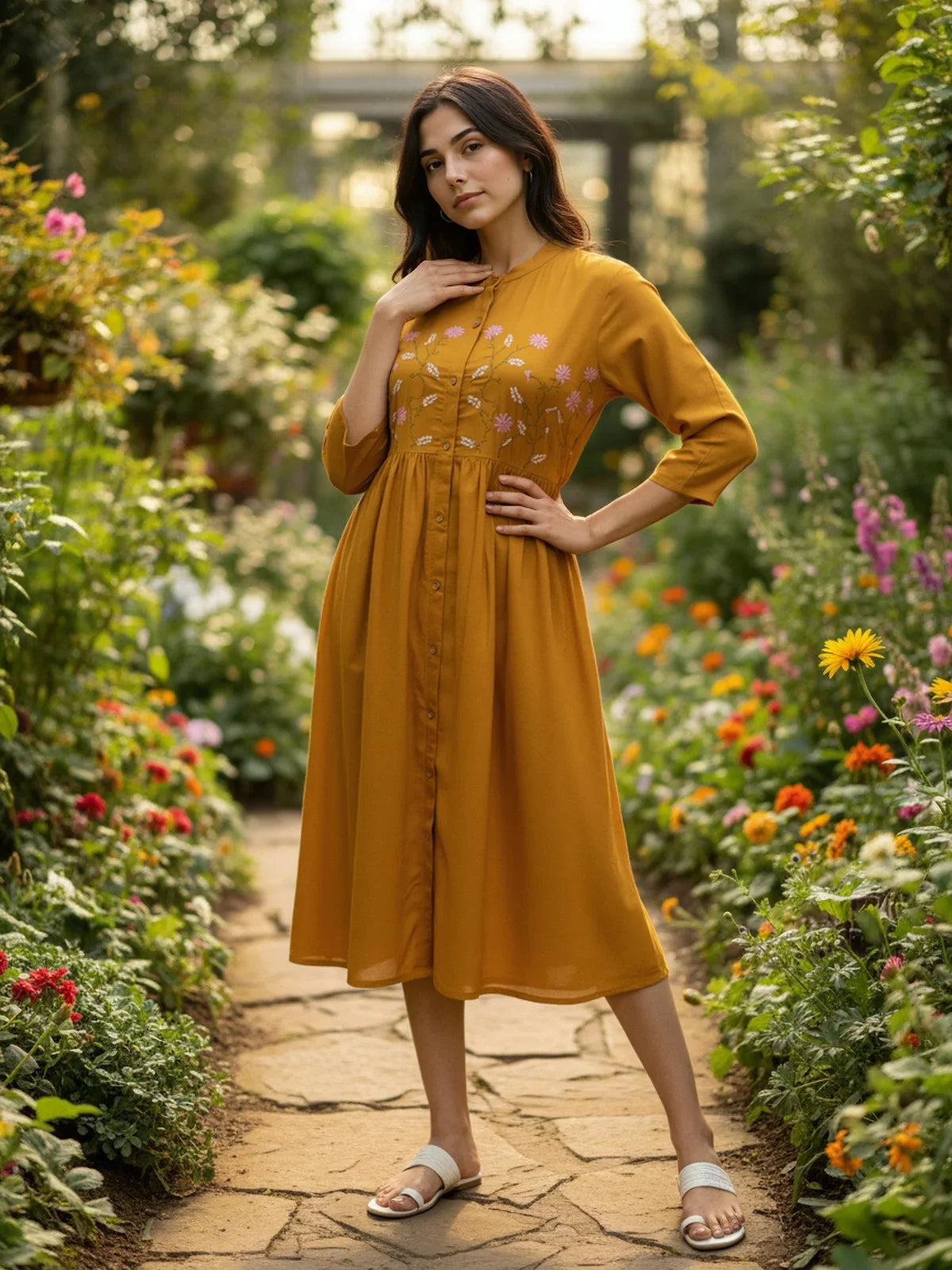 Buy Rayon Embroidered Flared Calf Length Dress-Mustard