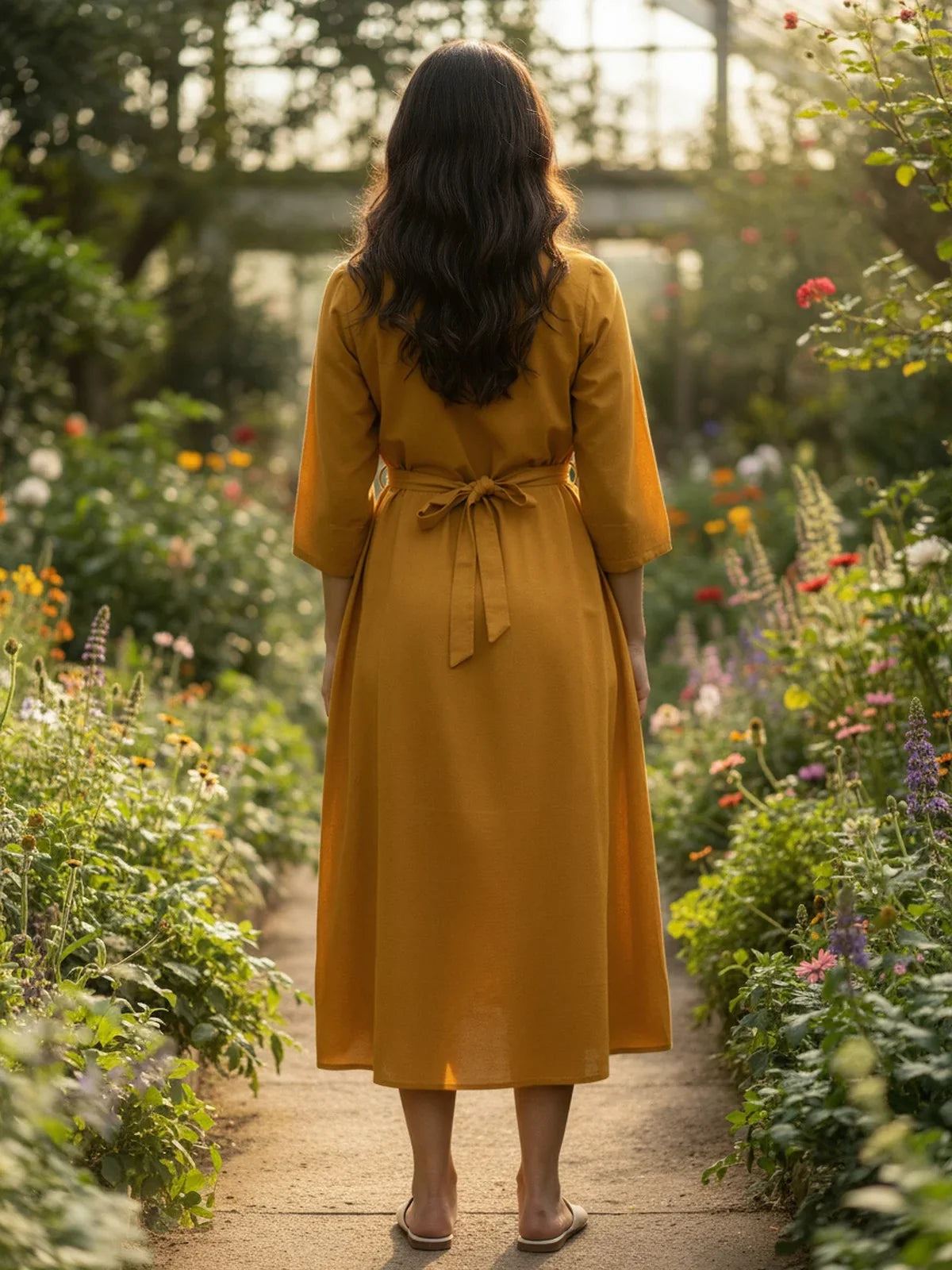Buy Rayon Embroidered Flared Calf Length Dress-Mustard