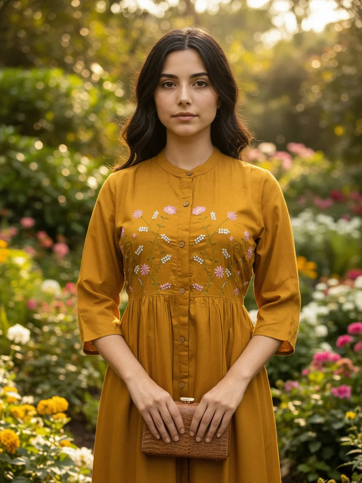 Buy Rayon Embroidered Flared Calf Length Dress-Mustard