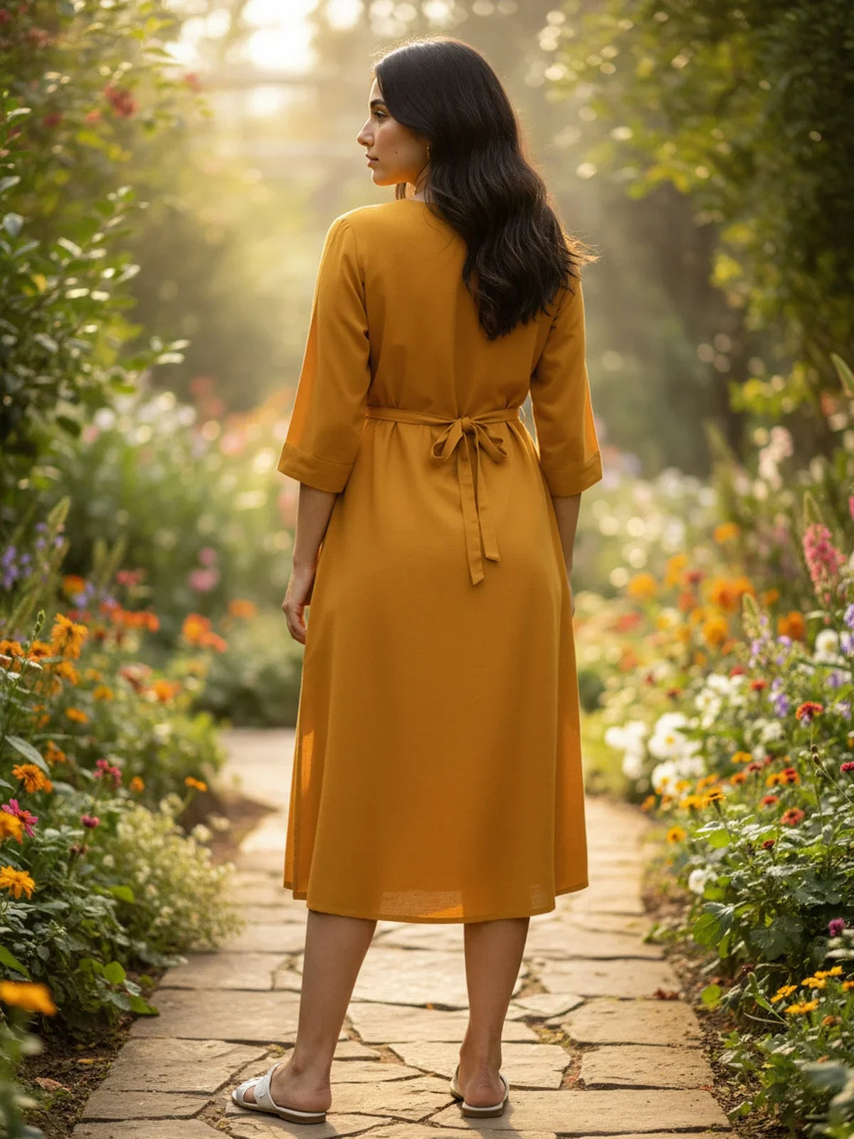 Buy Rayon Embroidered Flared Calf Length Dress-Mustard