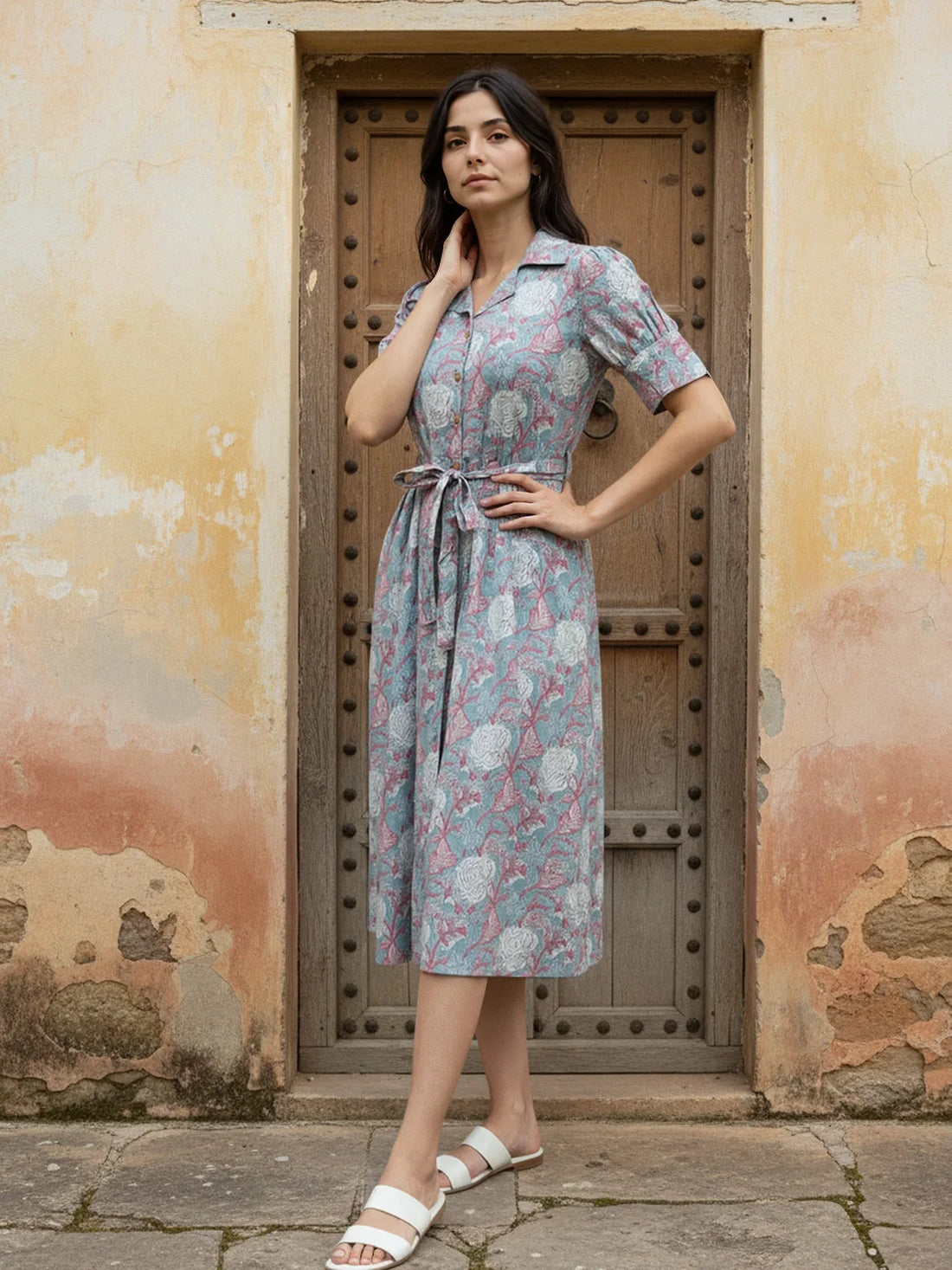 Buy Cotton Printed Calf Length Shirt Dress-Light Blue