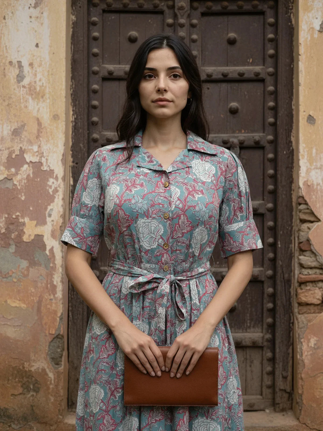 Buy Cotton Printed Calf Length Shirt Dress-Light Blue