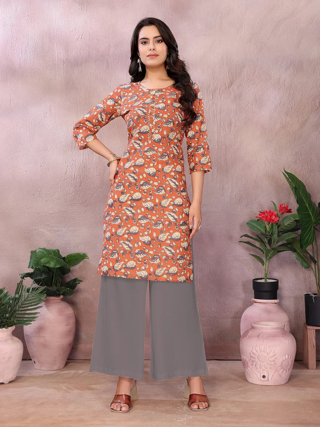 Buy Cotton Printed Straight Knee Length Kurta-Rust