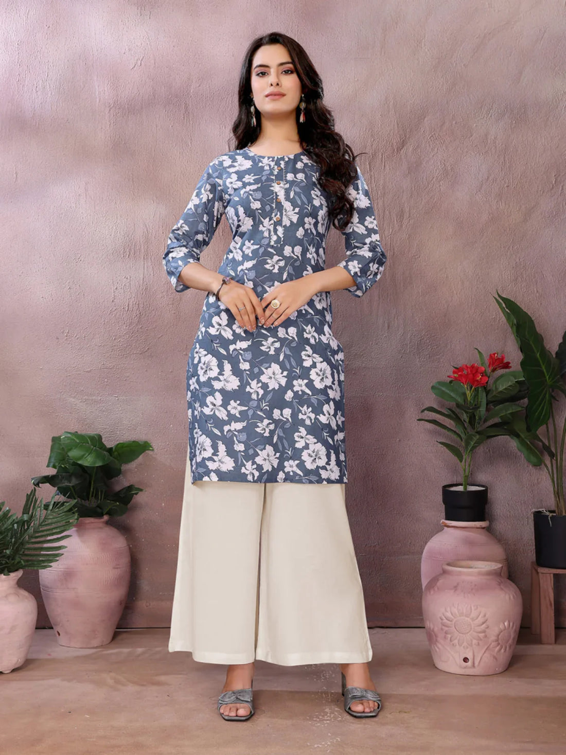 Buy Cotton Printed Straight Knee Length Kurta-Grey