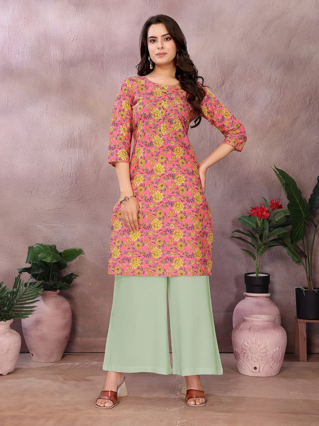 Buy Cotton Printed Straight Knee Length Kurta-Pink