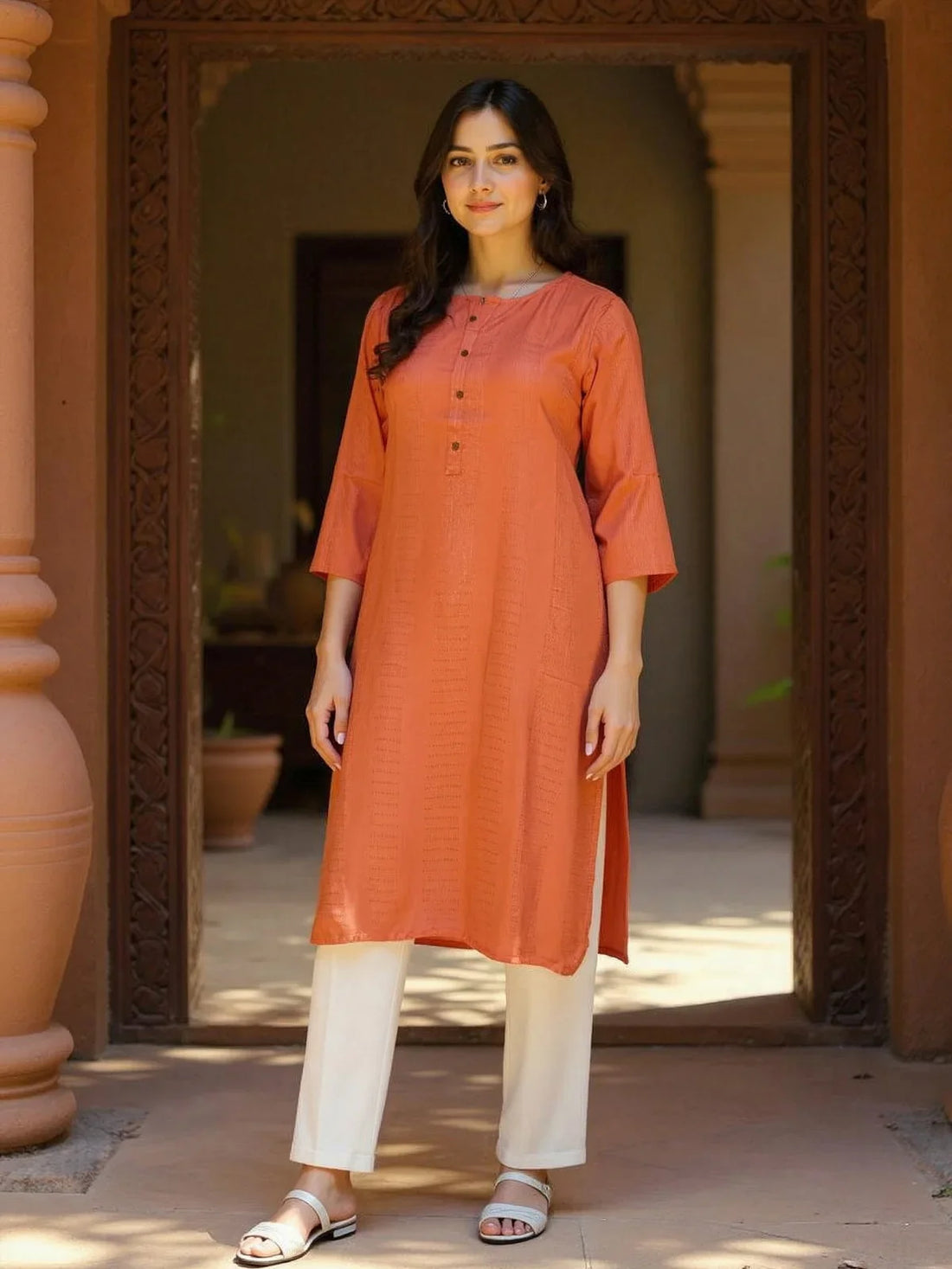Buy Rayon Dobby Solid Straight Calf Length Straight Kurta-Rust