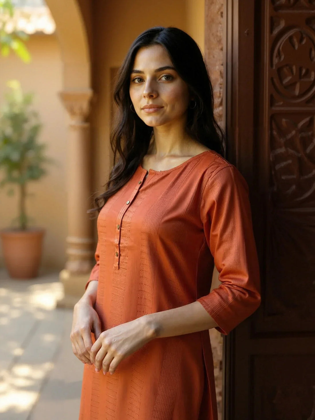 Buy Rayon Dobby Solid Straight Calf Length Straight Kurta-Rust