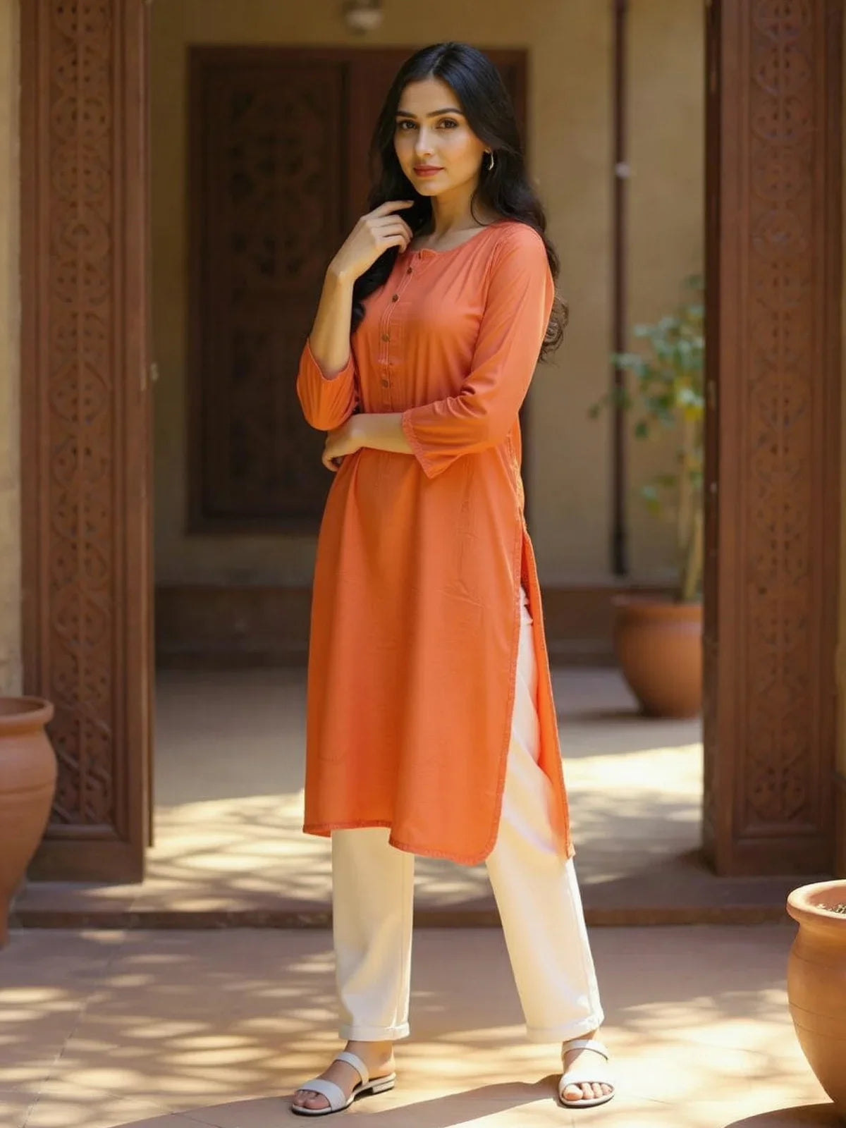 Buy Rayon Dobby Solid Straight Calf Length Straight Kurta-Rust