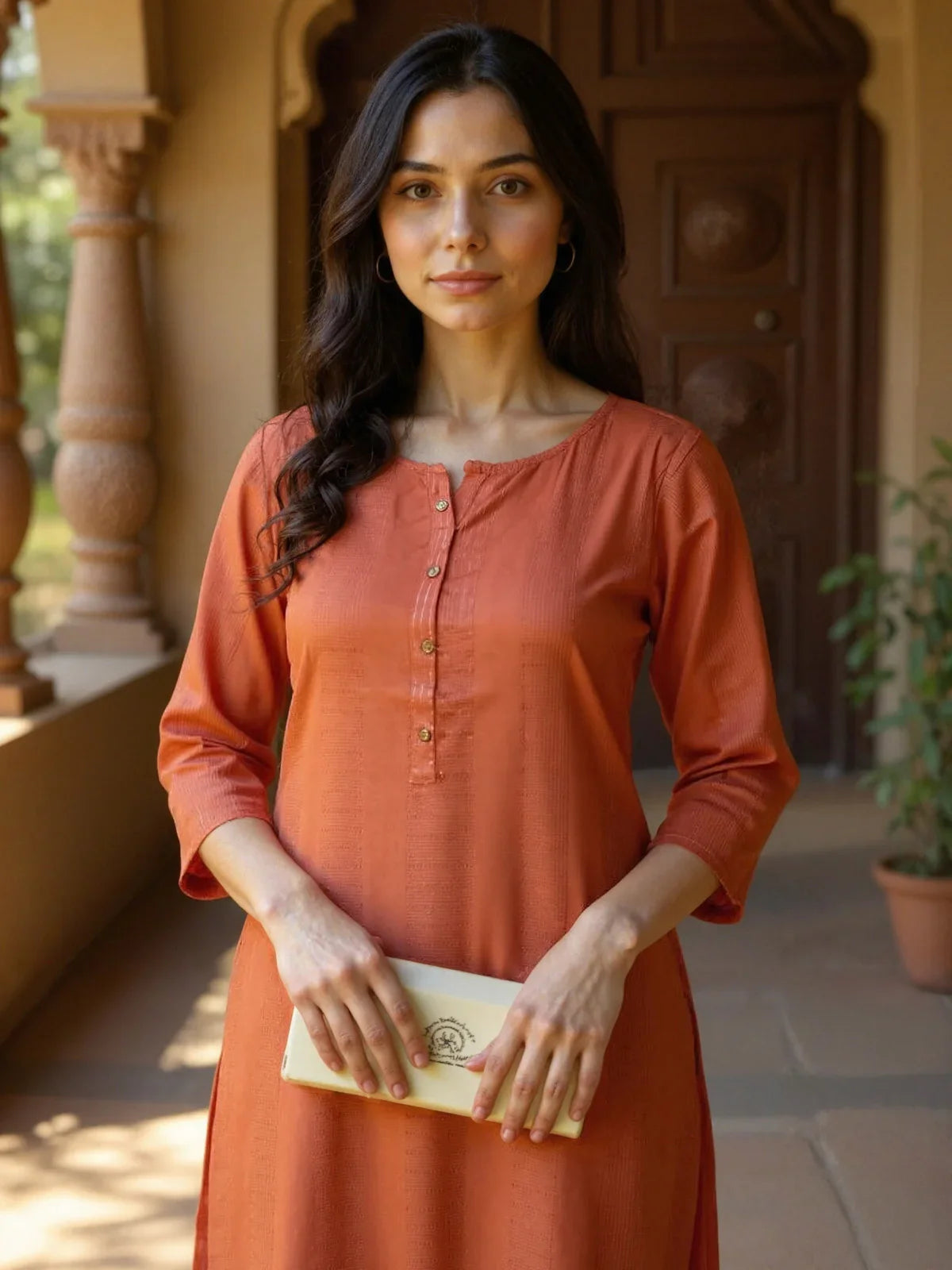 Buy Rayon Dobby Solid Straight Calf Length Straight Kurta-Rust