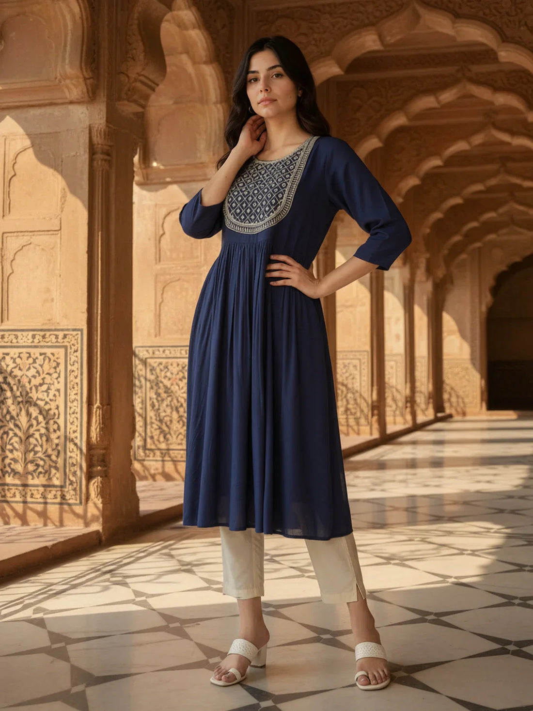 Buy Rayon Embroidered Flared Calf Length Kurta-Blue