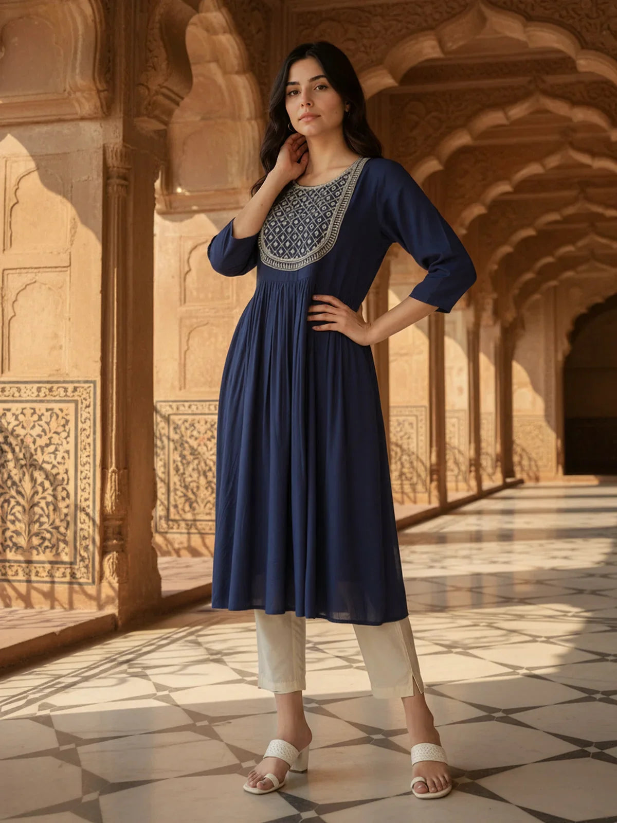 Buy Rayon Embroidered Flared Calf Length Kurta-Blue
