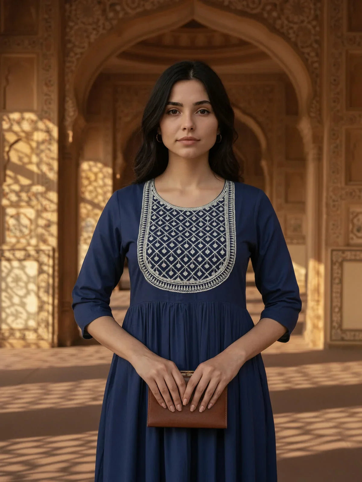 Buy Rayon Embroidered Flared Calf Length Kurta-Blue