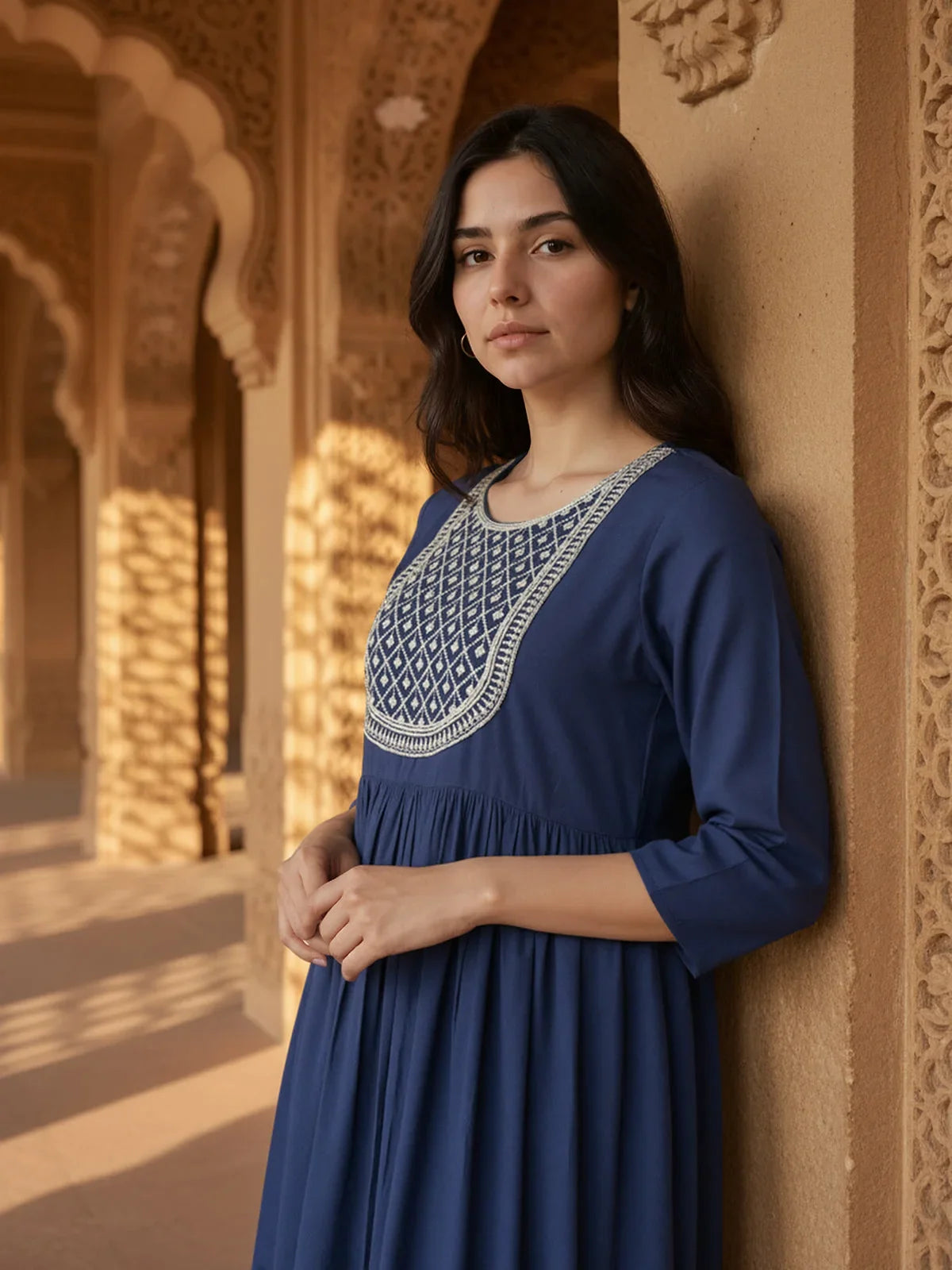Buy Rayon Embroidered Flared Calf Length Kurta-Blue