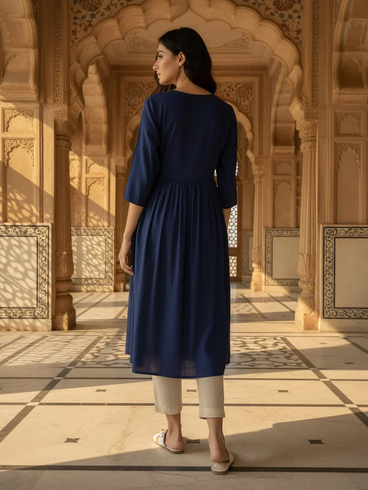 Buy Rayon Embroidered Flared Calf Length Kurta-Blue