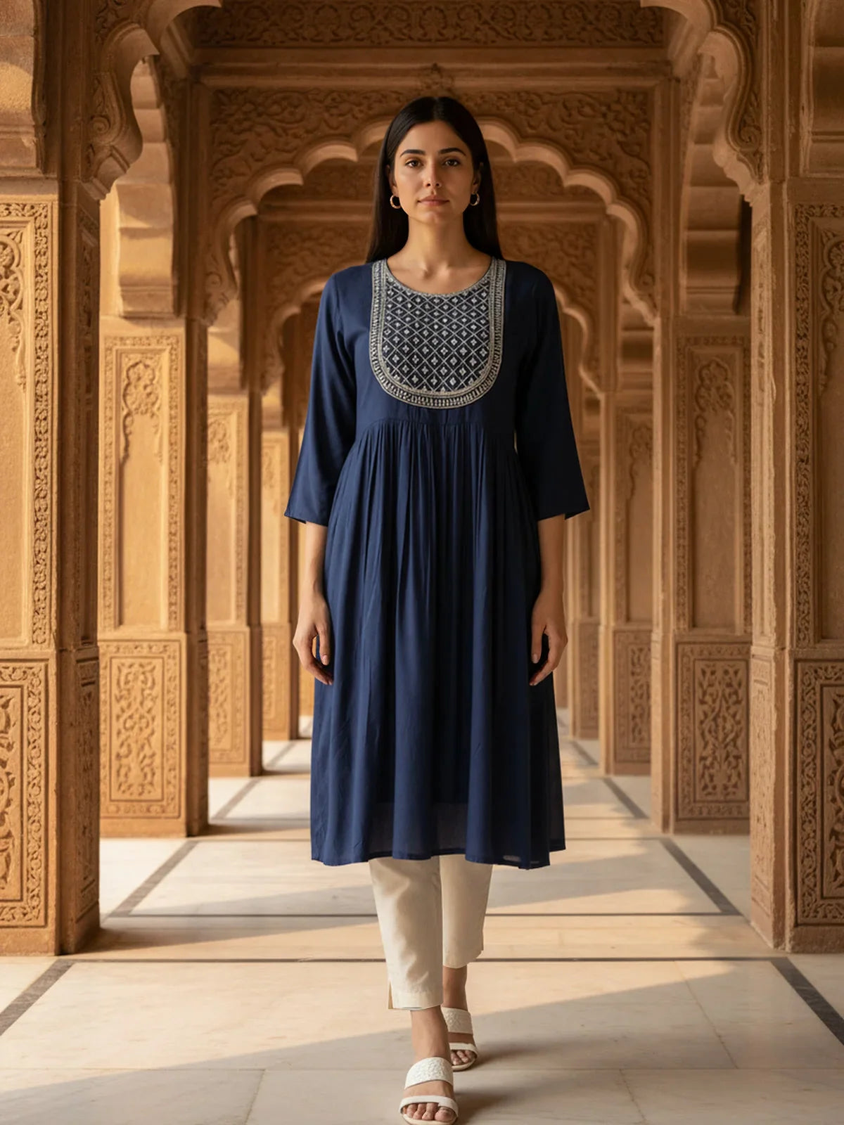 Buy Rayon Embroidered Flared Calf Length Kurta-Blue